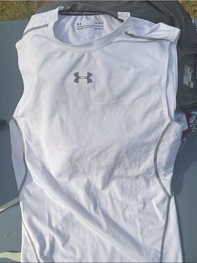 Under Armour White Sleeveless Compression Tank with Gray Logo